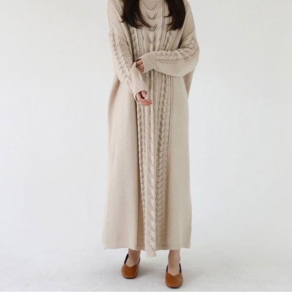 

casual dresses autumn winter sweater vestidos women korean fashion lazy wind knitted dress o-neck vintage ladies long robe pull, Black;gray
