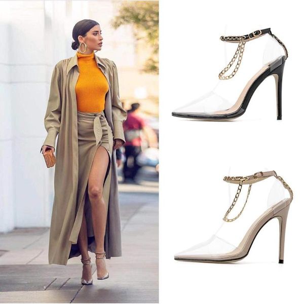 

metal chain transparent pointed toe sandals thin high heels shallow party shoes woman celebrities sapato feminino sandalias 2021, Black