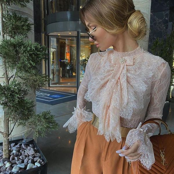 

women's blouses & shirts women summer long sleeve mesh see through slim bow mock neck multi-layer lace formal blouse wild fashion cloth, White