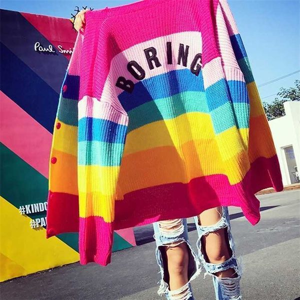 Preguiçoso Boring Emboridery Rainbow Listrado Cardigan Oversized Manga Longa Malha Top Womens Sulers Cardigans Harajuku Outift / 211103