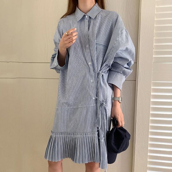 

casual dresses whcw cgdsr pleated dress women elegant 2021 vintage korean style woman long sleeve party a-line autumn winter loose robe, Black;gray