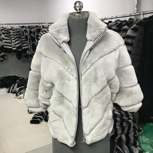 

women's fur & faux cnegovik 2021 winter real rex coat batwing jacket women fashion cropped outwear, Black