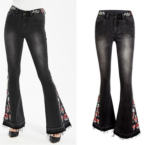 

women's jeans european heavy flower embroidery flares woman elastic skinny women denim pants female vintage trousers streetwear1 0zg3, Blue