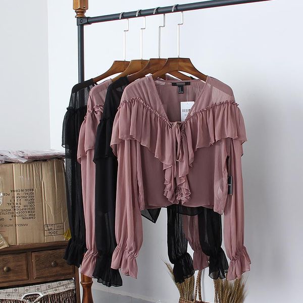 

vadim time-limited polyester full ruffles solid v-neck blouse 2021 summer chiffon shirt female sweet trumpet sleeve loose women's blous, White