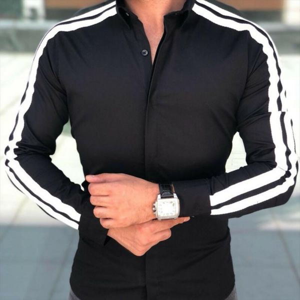 

shirts fashion business shirt mens polos long sleeve slim fit white red black striped smart male social dress plus, White;black