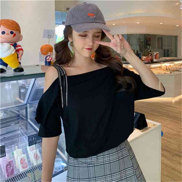 

2 colors 3 sizes slash neck korean style loose basic solid simple college wind vintage women summer spring t-shirt 210426, White