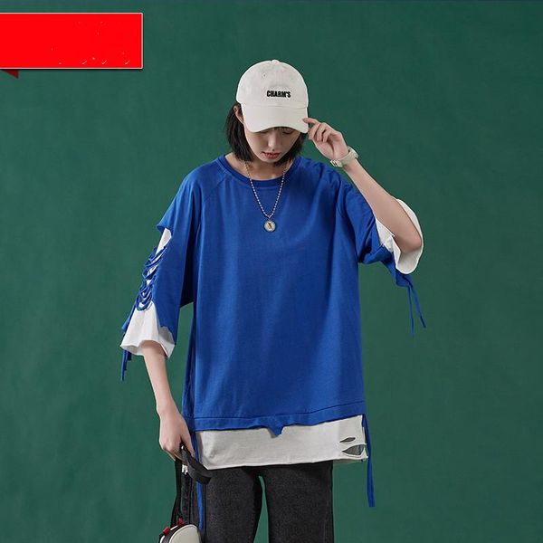 

women's hoodies & sweatshirts tide brand summer short-sleeved 2021 korean version of loose round neck hooded students fake two shirt, Black