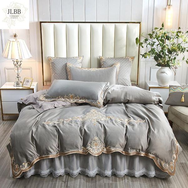 

bedding sets luxury gray satin silk cotton gold embroidery set double duvet cover bed linen lace bedskirt pillowcase home textile