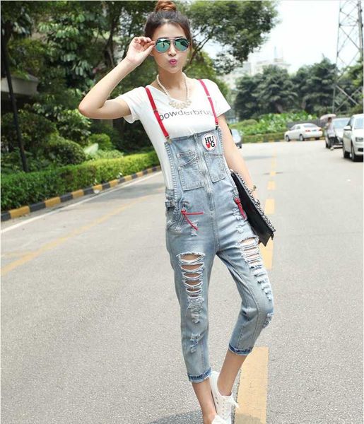 

women's jumpsuits & rompers spring and summer women fashion water wash calf-length embroidery ripped denim female trendy jean cotton ca, Black;white