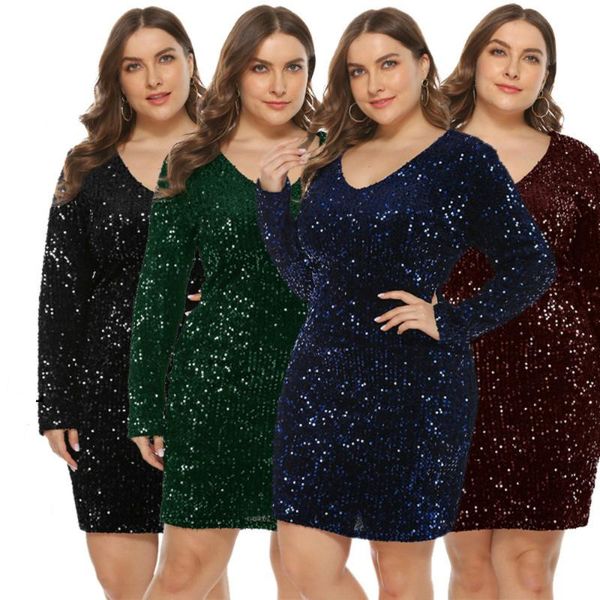 

nightclub dress sequined long-sleeved tight-fitting hip plus size women's xl-5xl casual dresses, Black;gray