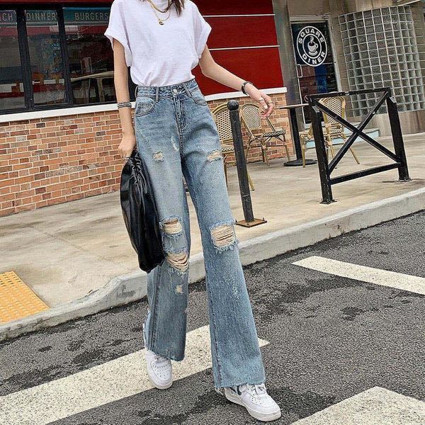 

women's jeans woman pants ripped spring and autumn high waist loose trousers pantalones vaqueros mujer, Blue