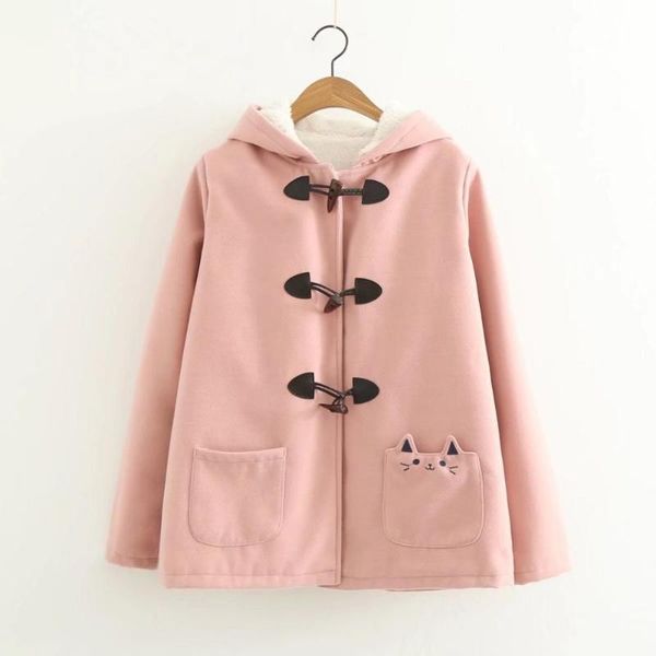 

women's trench coats women autumn winter pink kawaii jacket japanese style cotton thick long sleeve hooded casual cute cat graphic scho, Tan;black