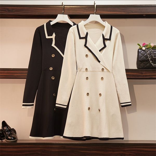 

dresses autumn office notched double-breasted knitted sweater female pullover hit color long sleeve elegant mini a-line, Black;gray
