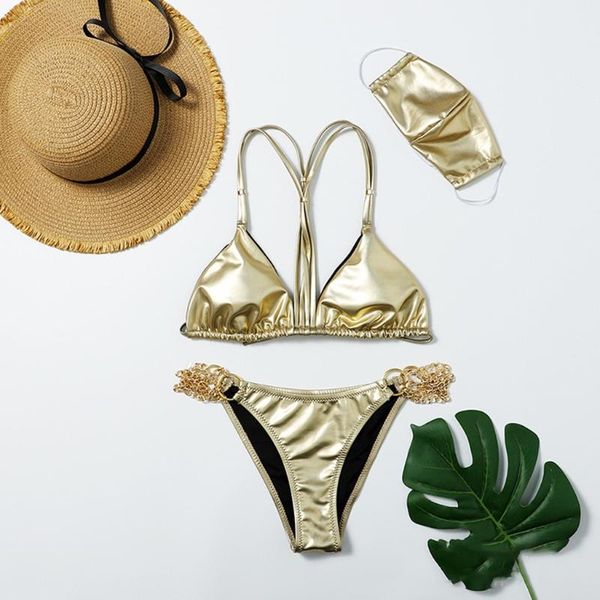 

one-piece suits women shiny metallic faux leather bikini set with face mask triangle bra swimsuit metal chain bottom bathing suit drops