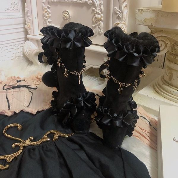 

lolita sweet bow hair ball wedges mid-tube boots pointed toe women's plush fall/winter 2021, Black