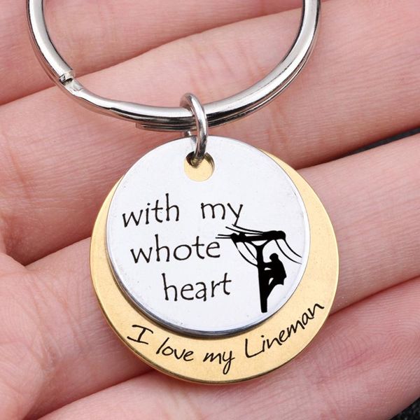 

keychains stainless steel keychain engraved with my we heart i love lineman gift for husband key ring set, Silver