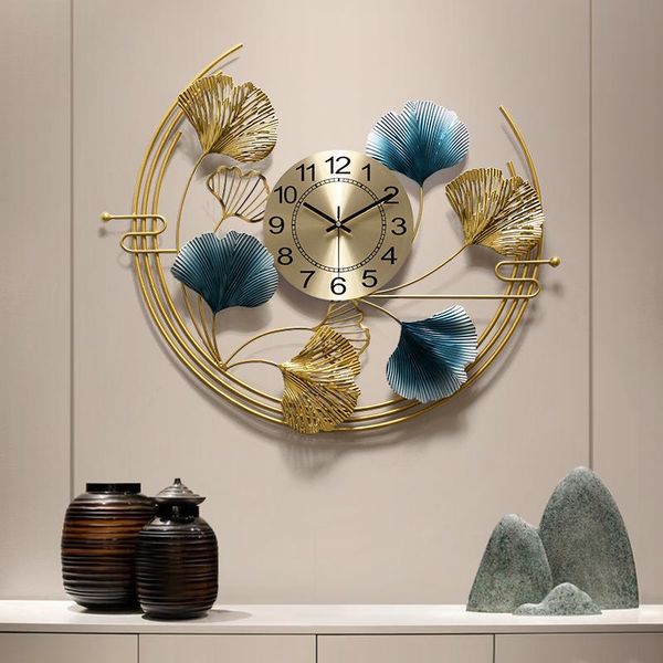 

wall clocks chinese blue golden ginkgo leaf wrought iron lobby el sticker crafts home livingroom mural decoration