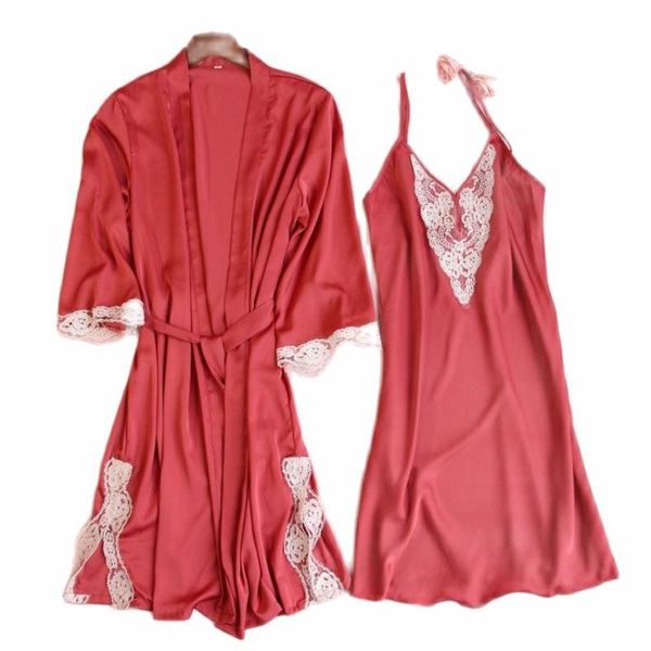 

women's sleepwear lace womens robe casual home nightwear nighty bathrobe gown sets satin sleep suit spring, Black;red