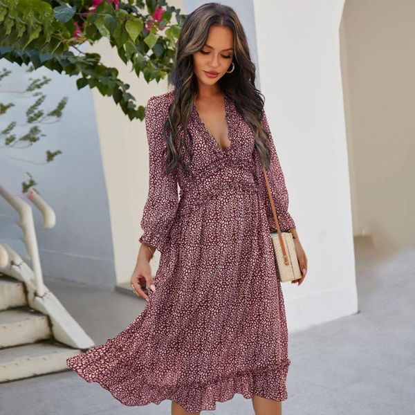 

fashion elegant women dress floral print deep v neck spring long sleeve large ruffle hem midi streetwear for party wear casual dresses, Black;gray