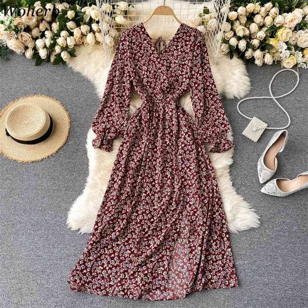 Abito vintage da donna Slim manica lunga sexy scollo a V Abiti estivi da donna elegante coreano da spiaggia Boho Robe 210519