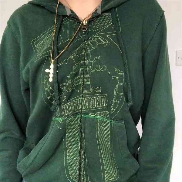 Y2K ästhetische Frauen Hoodies mit Taschen 90er Jahre Vintage Grafik gedruckt Zip Up Hoodie Kleidung E-Girl Sweatshirts Frühling Herbst Top 210803