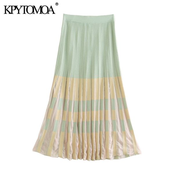 

women chic fashion pleated knitted midi skirt elastic waist patchwork female skirts faldas mujer 210420, Black
