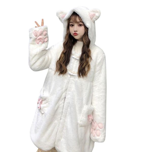 

women's wool & blends ladies plush cute kawaii cat ear claw coat jacket grils fleece warm pattern long-sleeved hooded sweatshirt with p, Black