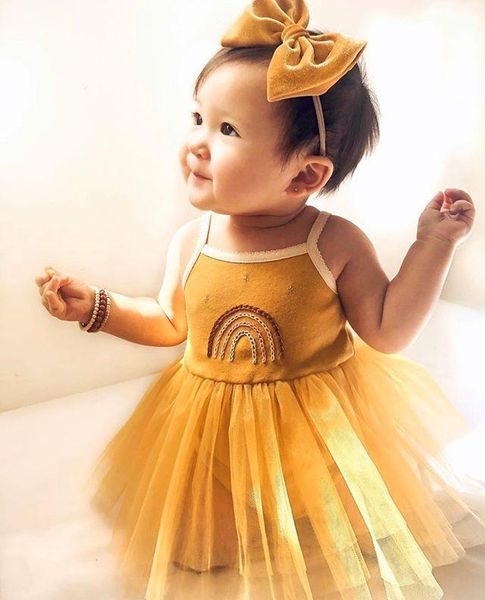 

girl's dresses summer baby girls casual suspender romper fresh rainbow embroidery mesh yarn hem jumpsuits dress headband, Red;yellow
