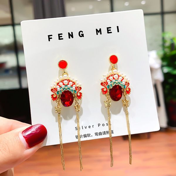 

925 silver needle creative personality beijing opera facial mask earrings chinese style pearl long earrings net red knife mardan earrings