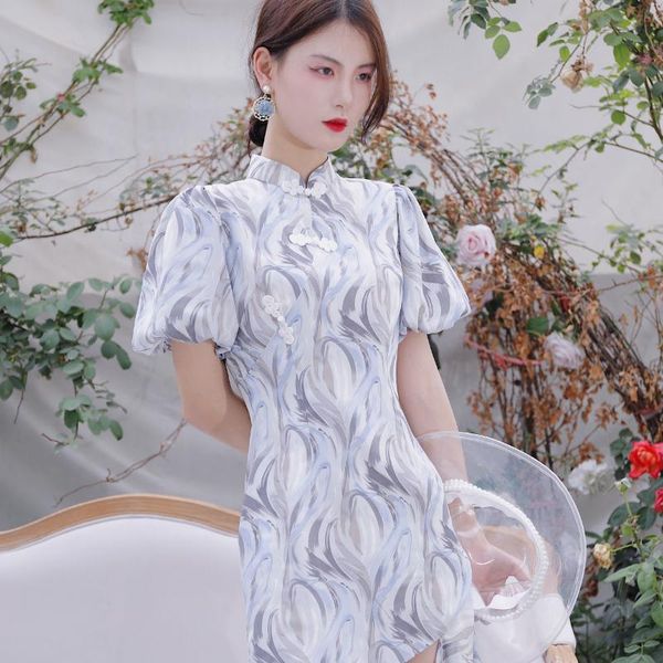 

cheongsam young girl with modified in the summer of 2021 chinese wind restoring ancient ways neon blue dress ethnic clothing, Red