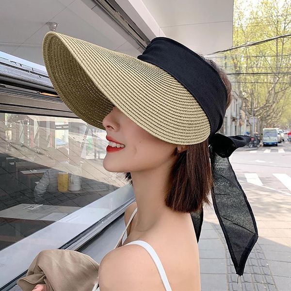 

wide brim hats bowknot women summer visor empty foldable sun hat large beach straw chapeau femme uv protection cap, Blue;gray