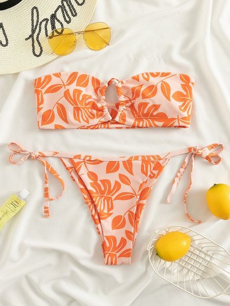 

leaf print bandeau tie side bikini swimsuit 52if#, White;black
