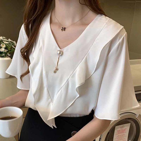 

blouse women women blouses short sleeve white blouse shirts ruffles v-neck chiffon blouse shirt women blusas d313 210426