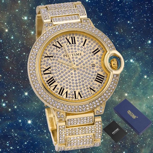 

wristwatches pintime iced out watch men diamond steel hip hop mens watches quartz gold wristwatch relogio masculino reloj, Slivery;brown