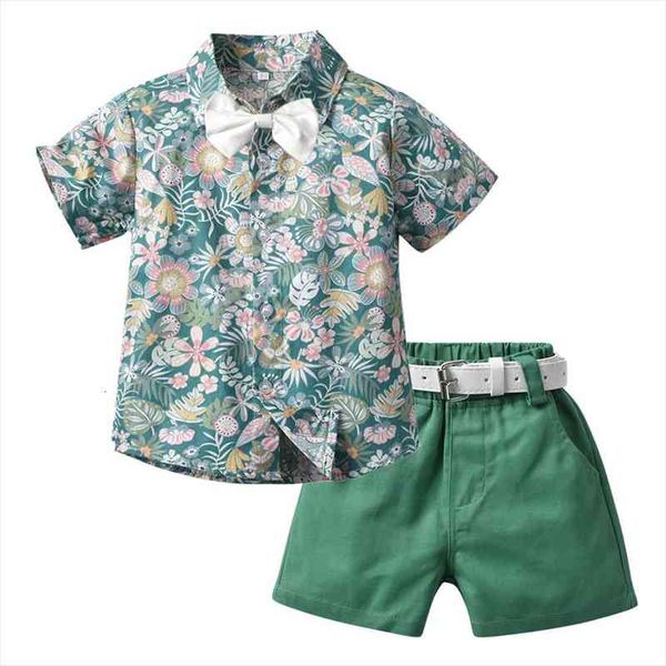 

1-6 years children flower outfits fashion toddler boys clothing summer short set printed shirt green pants 2 pcs suit, White