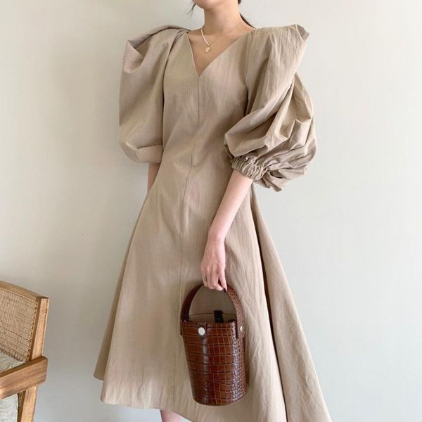 

party dresses [ewq]office solid midi elegant lady dress women casual puff sleeve streetwear all match korean chic fashion vestidos, White;black