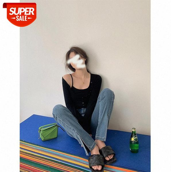 

self-cultivation [double hearts] knitted two-piece women's vest with blouse inside #ch0f, Black;gray