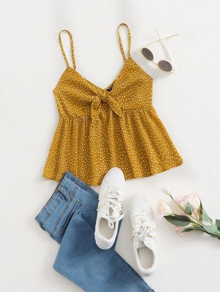 

knot front allover print peplum cami z71m#, White