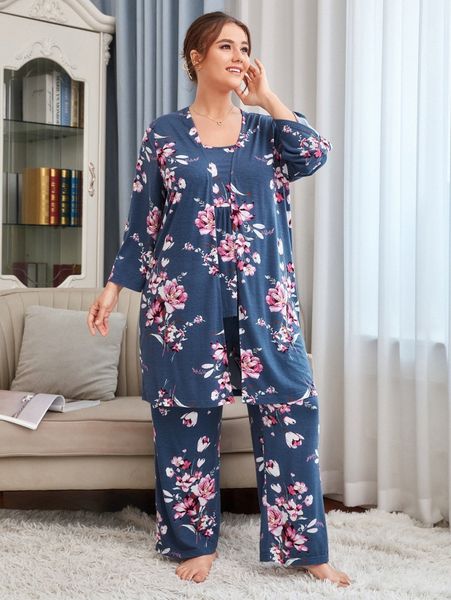 

plus floral print open front robe pj set 15dl#, Black;white