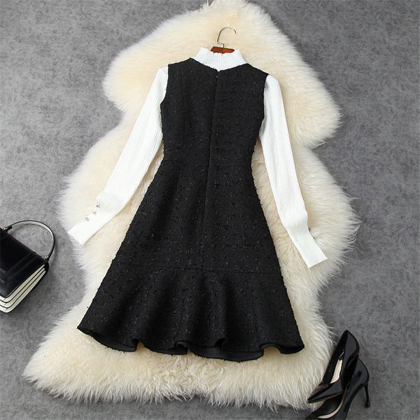 

two piece dress women autumn long white upper mesh sweater and tweed diamonds dress suit elegant femme vetted trumpet bathrobe gcq0