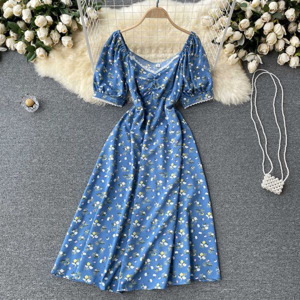 

vintage printed lace dress women summer elegant v-neck short sleeve high waist vestidos sweet patchwork robe holiday beach new y0603, Black;gray