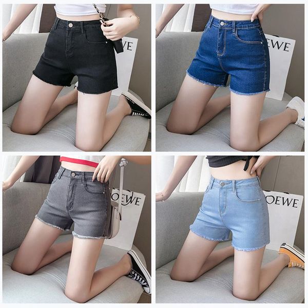

women's jeans denim shorts tight high waist slimming large size slim fit stretch jean women summer, Blue