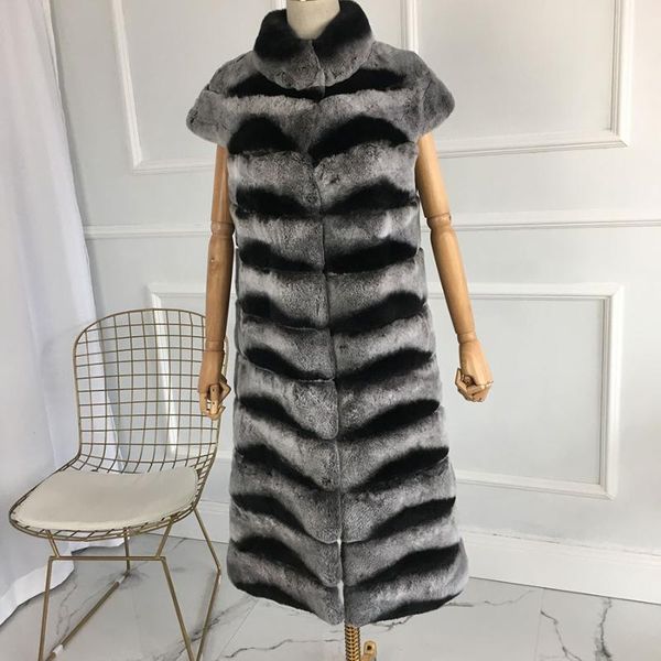 

women's fur & faux nature chinchilla rex furs fashion winter lady x-long vest warm for with stand collar, Black