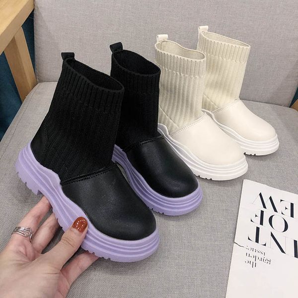 

kids boots children shoes childrens footwear girls short boot autumn winter knitting student wear b8317, Black;grey