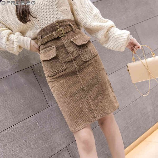 

casual dresses fashion autumn winter women skirts khaki blue black corduroy bodycon pencil elegant belt saia midi jupe femme 4um8, Black;gray