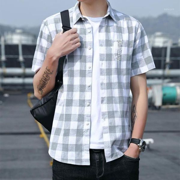 

men's casual shirts mens summer short sleeve button down simple plaid checkered letters print blouse lapel tees streetwear, White;black