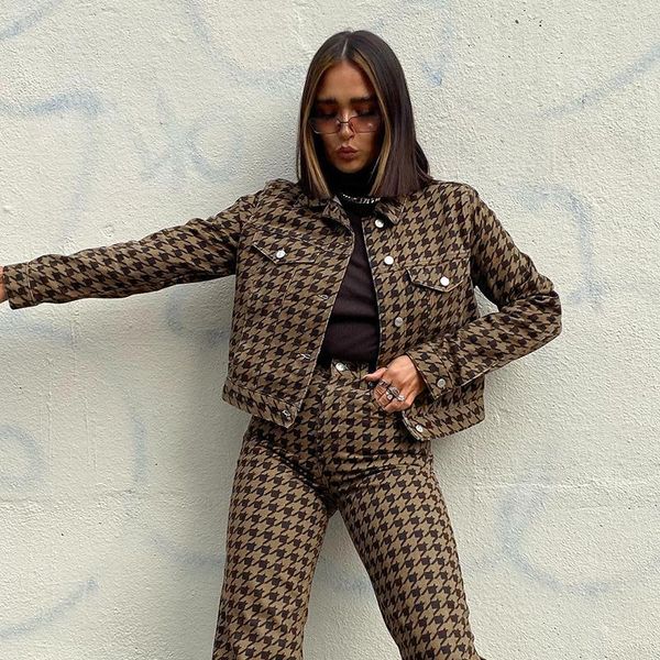 

drop houndstooth plaid vintage cropped jacket women elegant casual autumn coat ladies button turn down collar overcoat women's jackets, Black;brown