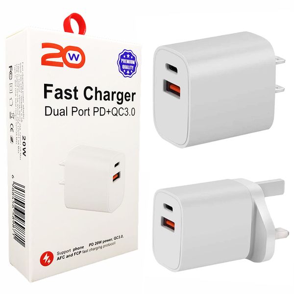 20W rápido carregador USB-C Carga rápida tipo c pd carregando o adaptador do plugue dos EUA UE QC 3.0 para o telefone inteligente com caixa de varejo