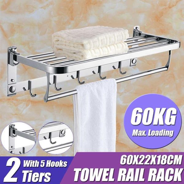 

towel racks 304 stainless steel rack rail holder bathroom accessories foldable wall mounted storage silver shelf with 5 hooks