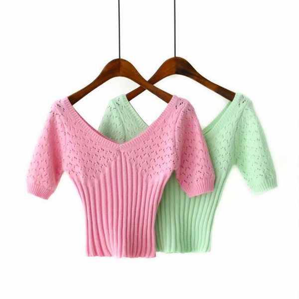 

women's tanks & camis xc1666 european and american french retro hollow short sleeve sweater, White